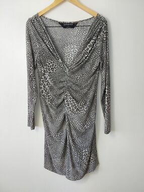 Norma Kamali Leopard Print Knot Front Ruched V-neck Mini Dress Mob Wife